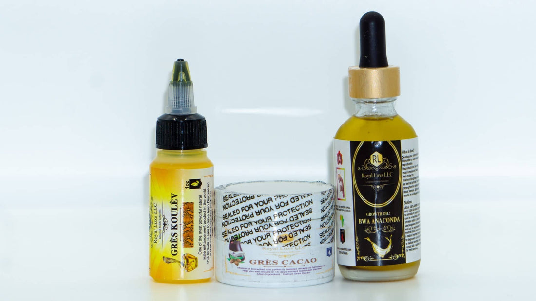 Male health and wellness products including hair growth serum, protective balm, and vitality oil dropper bottle