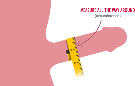 Diagram showing how to measure circumference for Bathmate X30 pump for men with a yellow measuring tape
