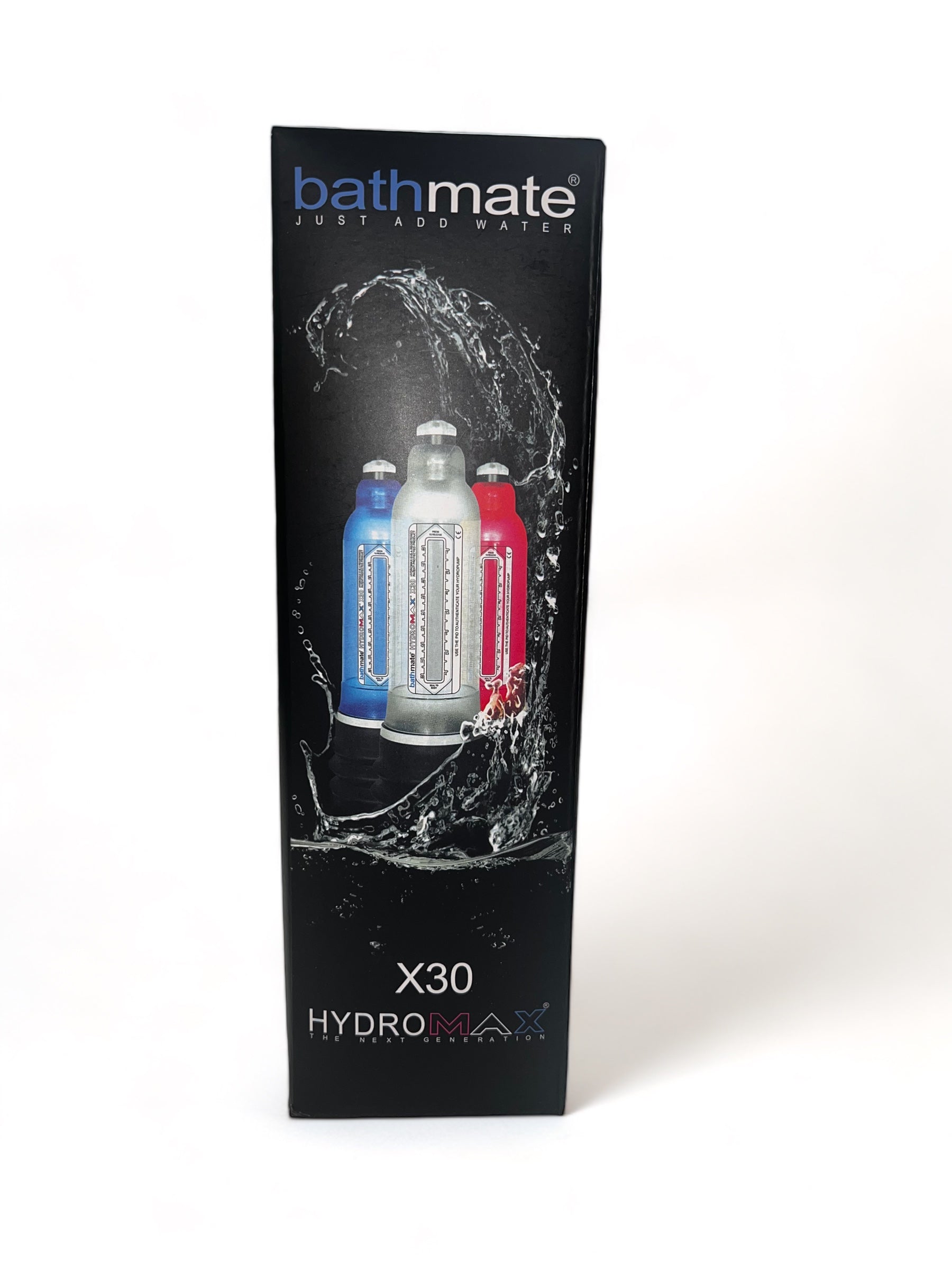Bathmate X30 pump for men black packaging with three colored pumps and water splash design