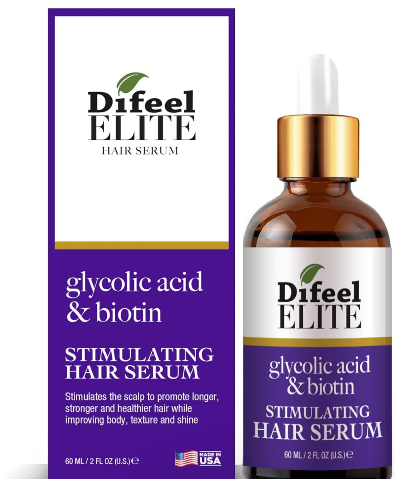 Difeel Elite glycolic acid hair serum with biotin stimulating hair serum bottle and packaging