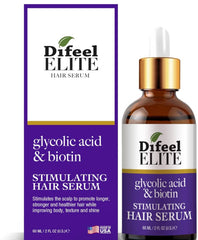 Difeel Elite glycolic acid hair serum with biotin stimulating hair serum bottle and packaging