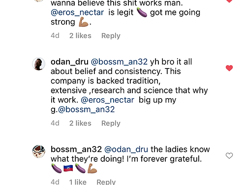 Screenshot of social media comments praising Eros Nectar male enhancement duo for effectiveness and strength