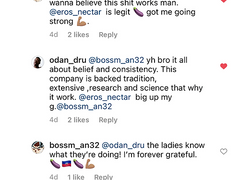 Screenshot of social media comments praising Eros Nectar male enhancement duo for effectiveness and strength