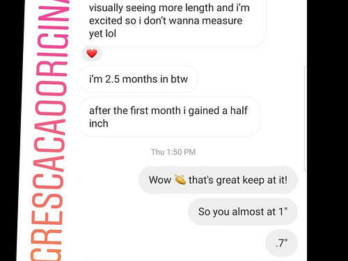 Screenshot of a chat discussing monthly male enhancement progress and length gain results.