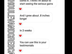 Text messages discussing growth results using male enhancement duo with positive testimonials
