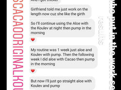 Screenshot of customer testimonial text describing the use of male enhancement duo products Aloe and Koulev with a pump