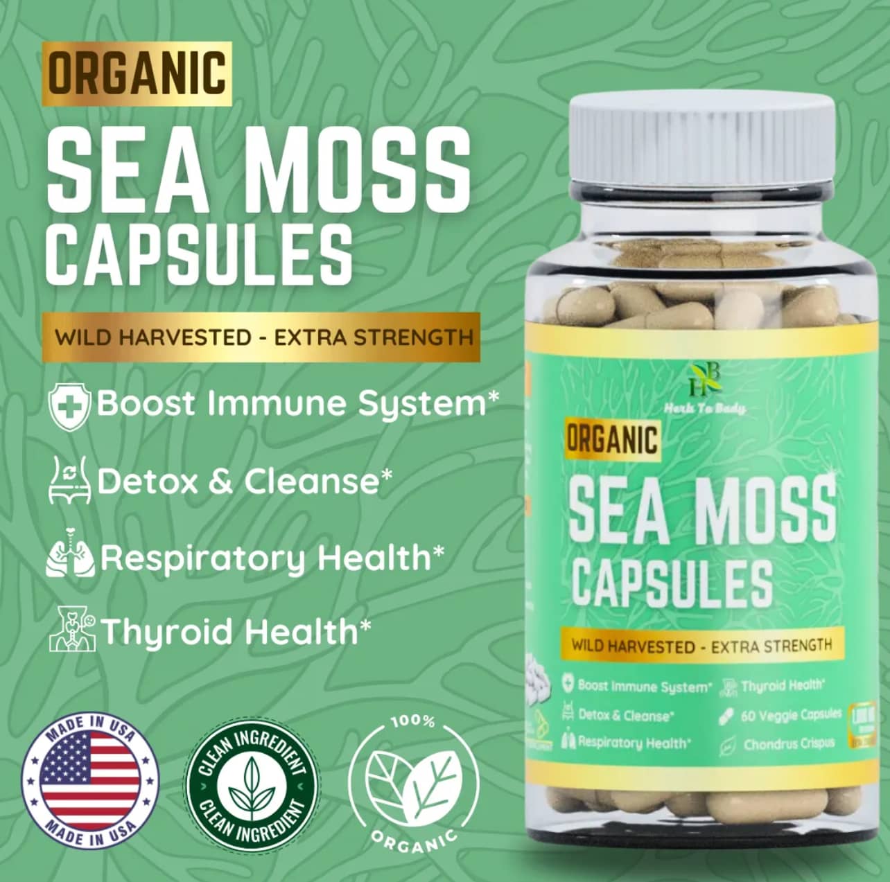 EROS NECTAR organic sea moss capsules bottle highlighting immune boost detox cleanse and thyroid health benefits