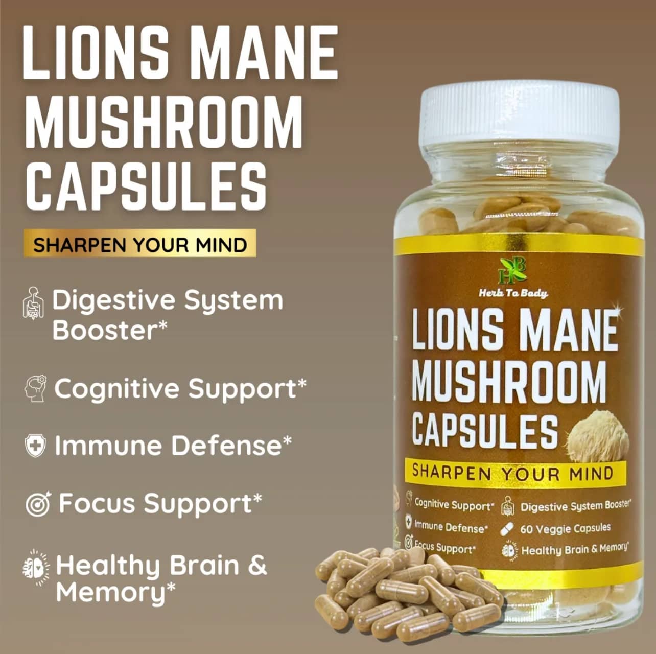 EROS NECTAR lions mane mushroom capsules bottle with cognitive and immune support benefits