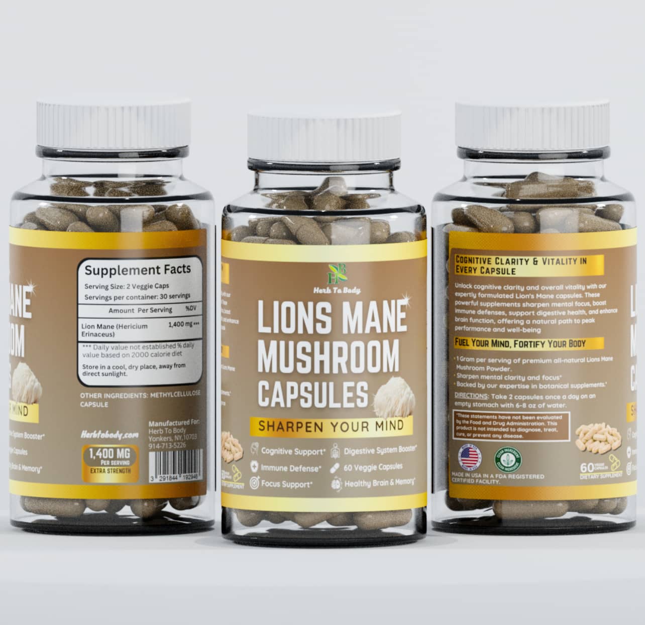 EROS NECTAR Lions Mane Mushroom Capsules bottle showing supplement facts and benefits for cognitive support and immune defense