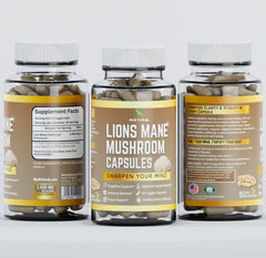 EROS NECTAR Lions Mane Mushroom Capsules bottle showing supplement facts and benefits for cognitive support and immune defense