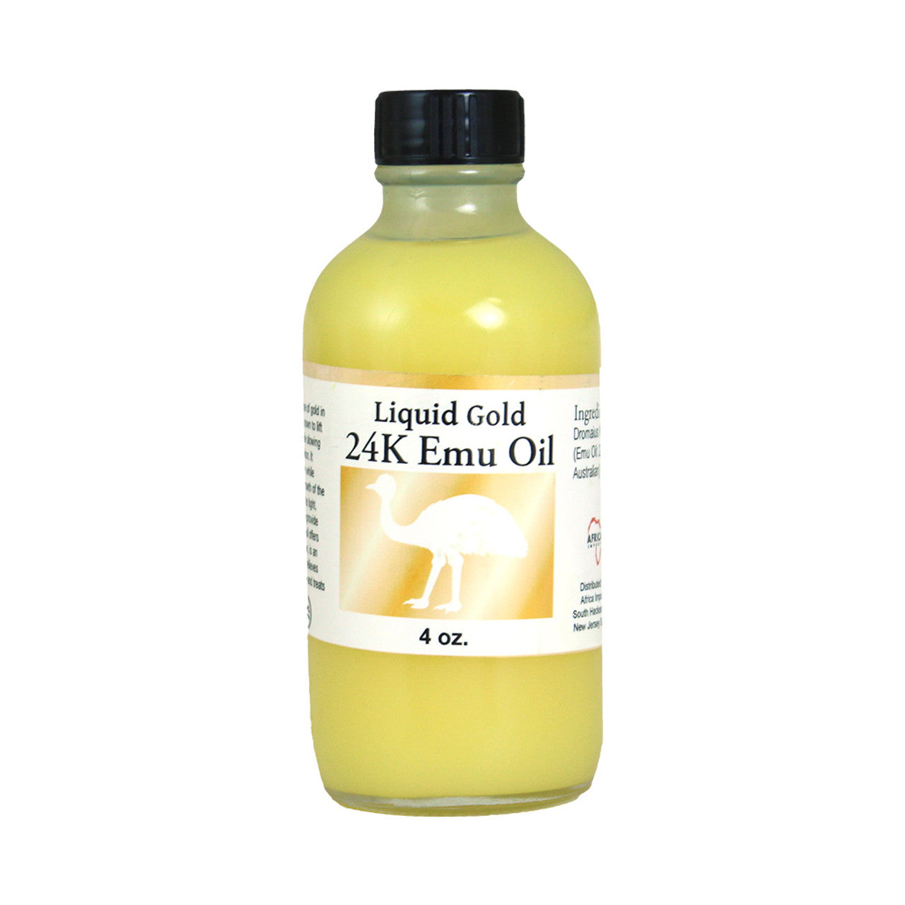 4 oz bottle of 24K emu oil for hair growth labeled Liquid Gold with black cap