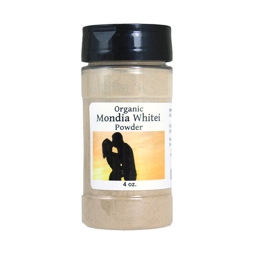 4 oz container of organic mondia whitei powder with black lid and label showing silhouette design