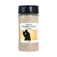 4 oz container of organic mondia whitei powder with black lid and label showing silhouette design